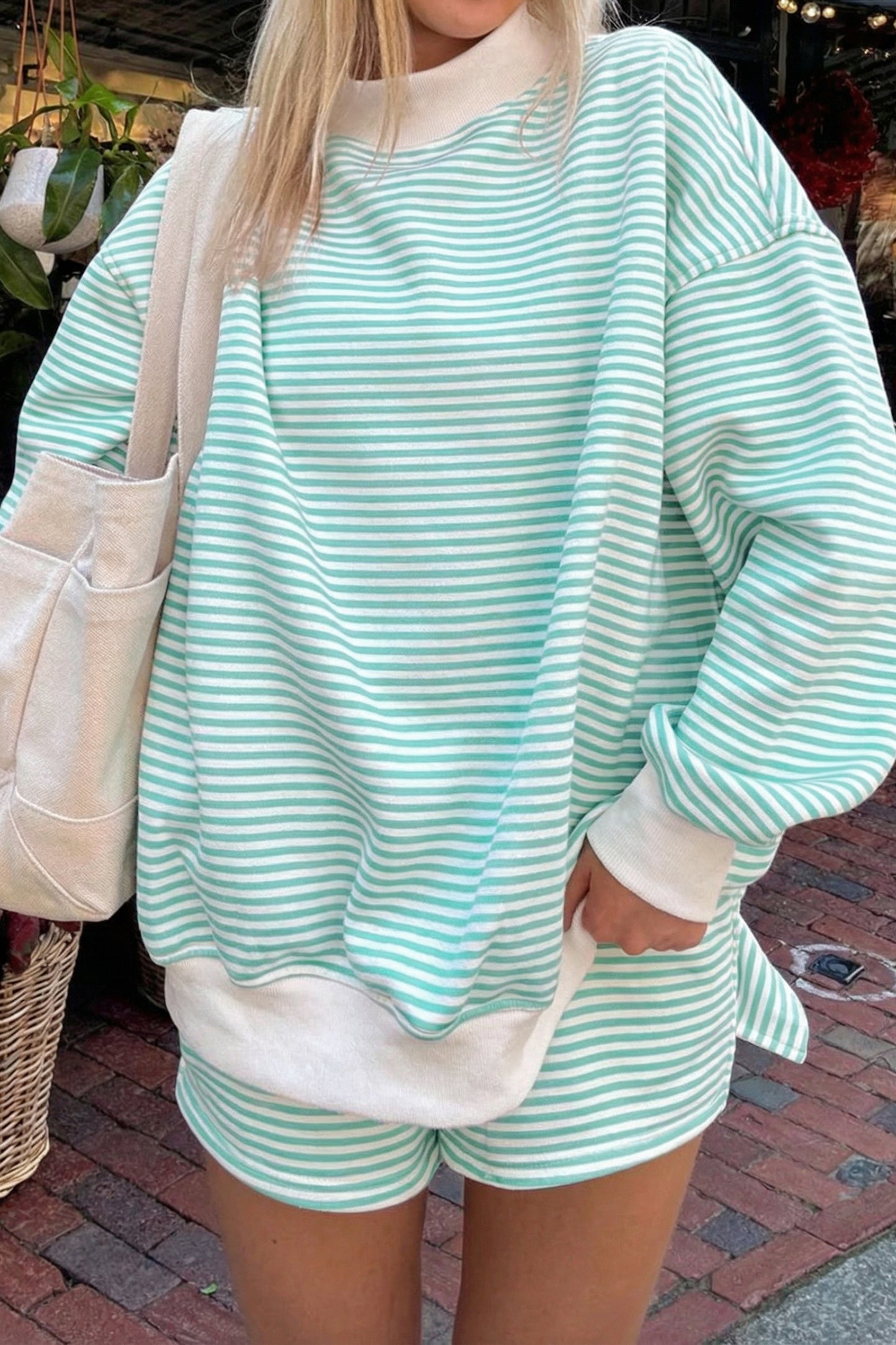 Red Stripe Oversize Mock Neck Sweatshirt & Shorts Set
