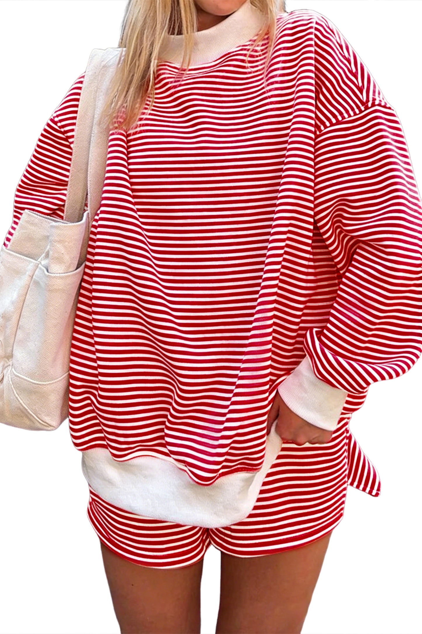 Red Stripe Oversize Mock Neck Sweatshirt & Shorts Set