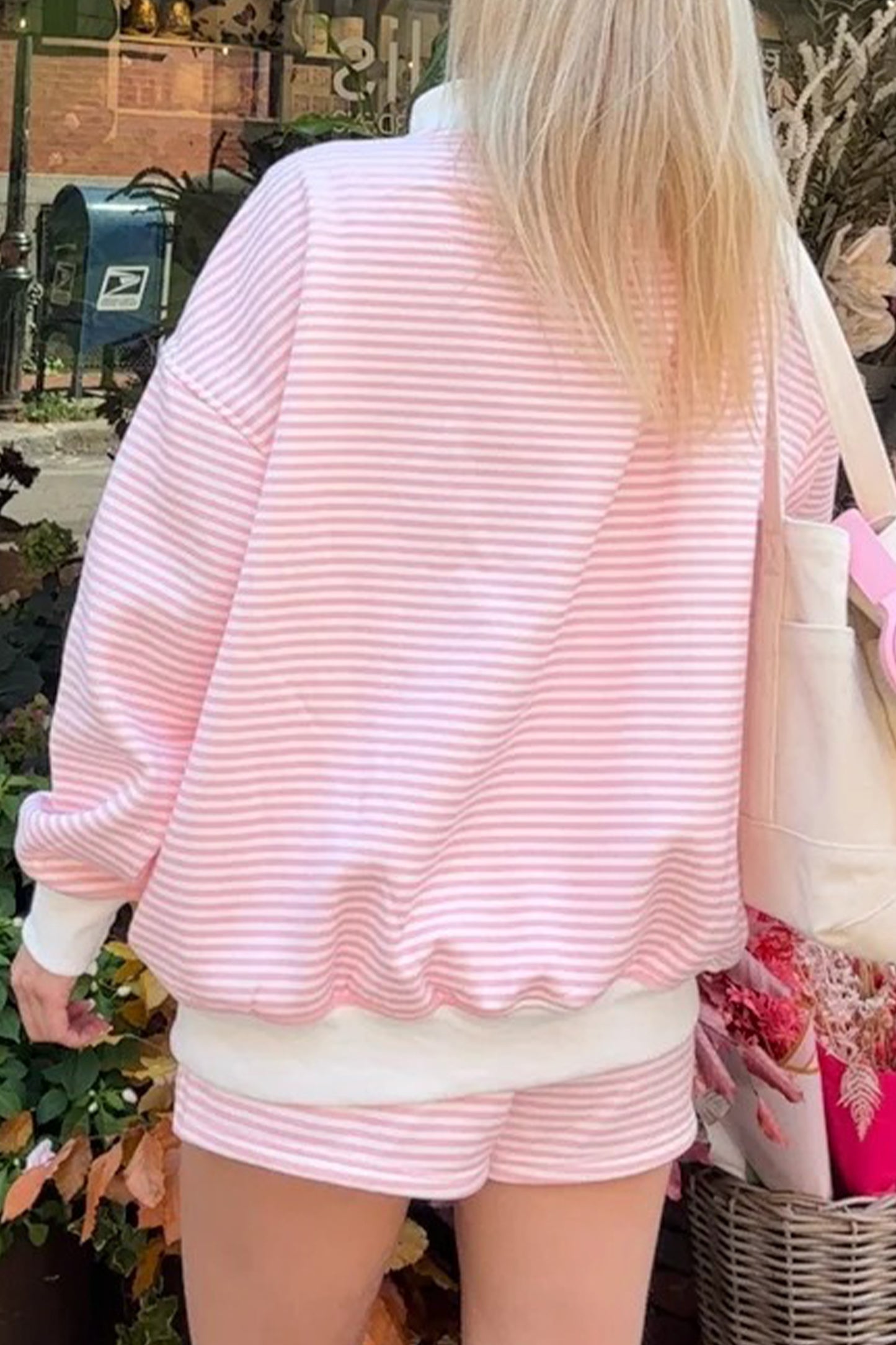 Red Stripe Oversize Mock Neck Sweatshirt & Shorts Set