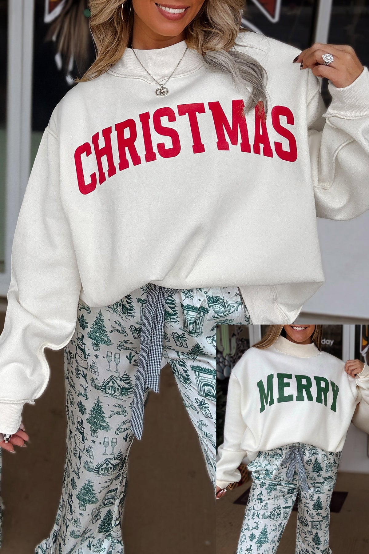 MERRY/CHRISTMAS Reversible Mock Neck Sweatshirt