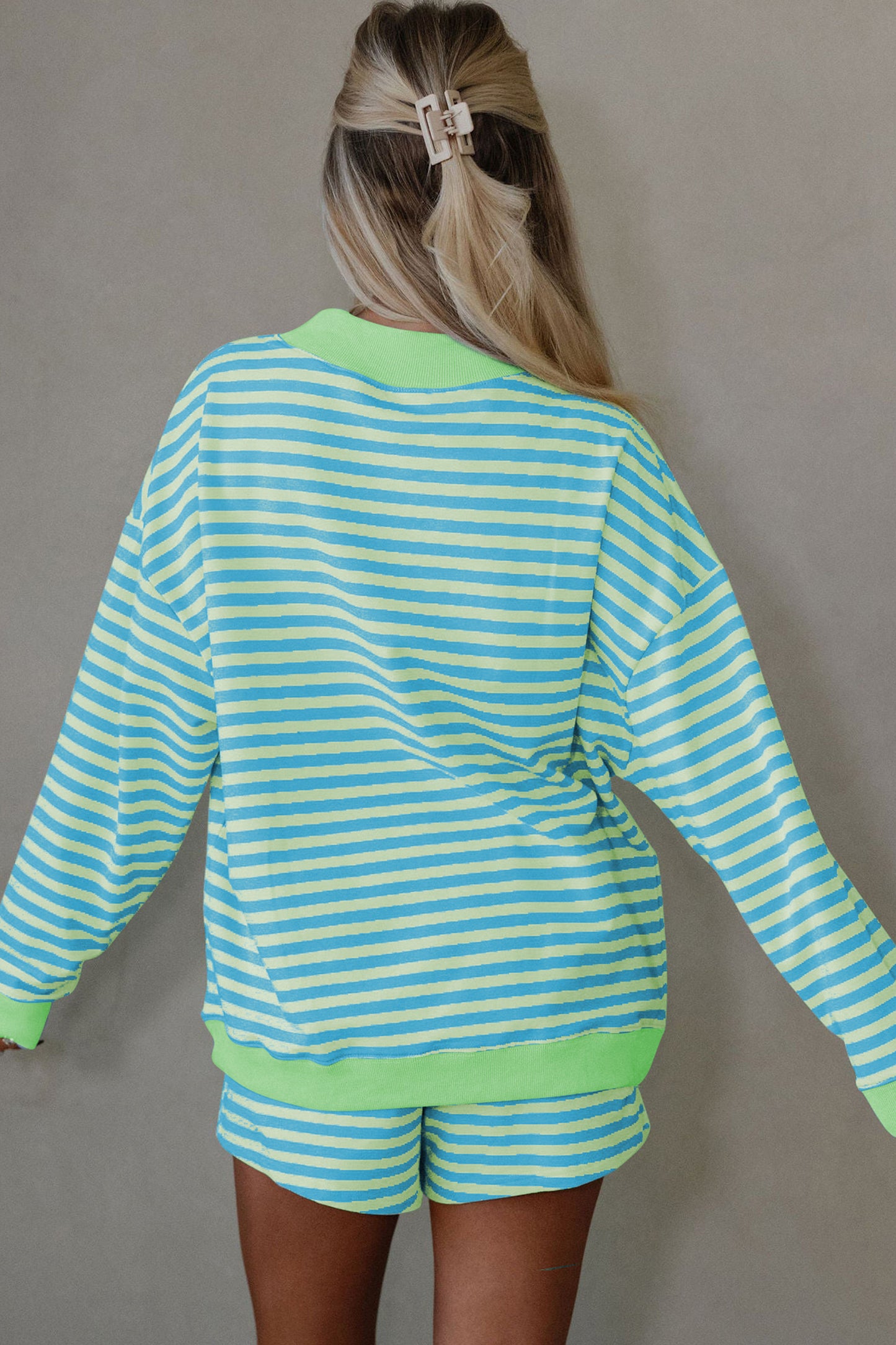 Striped Color Block Long Sleeve Pullover and Short Set