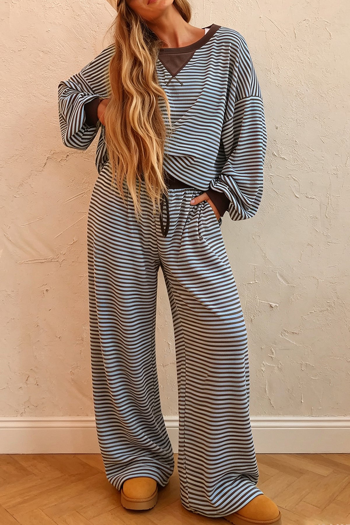 Brown Stripe Loose Top and Pant Set