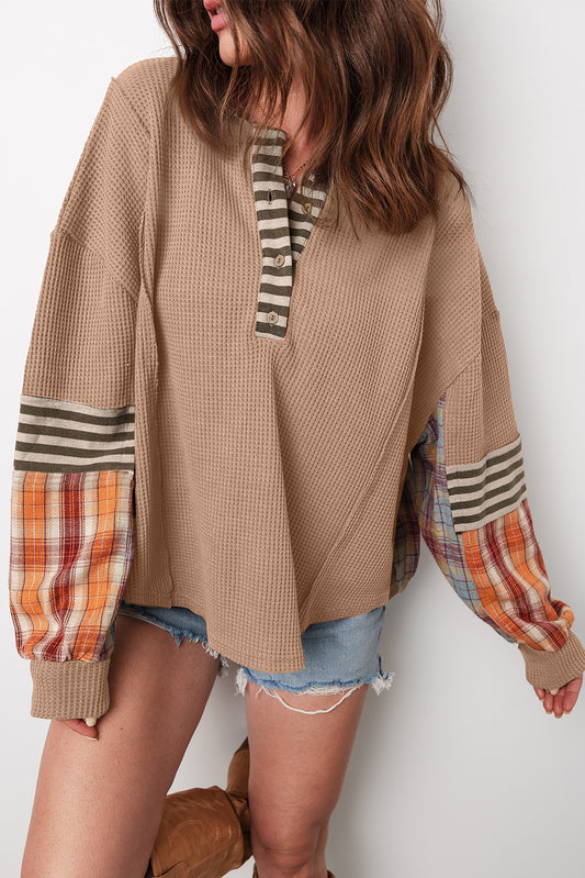 Waffle Stripe Plaid Henley Knit Top