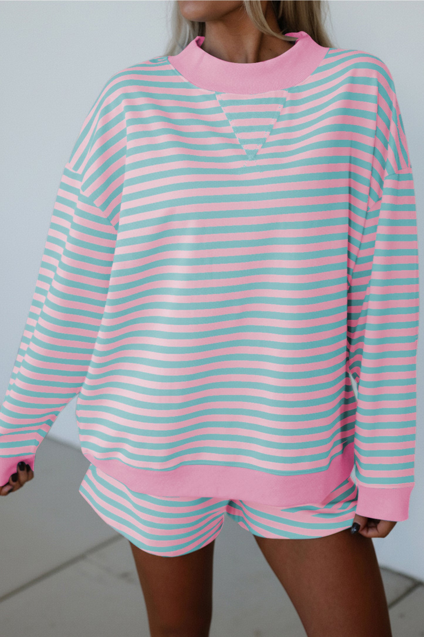 Striped Color Block Long Sleeve Pullover and Short Set
