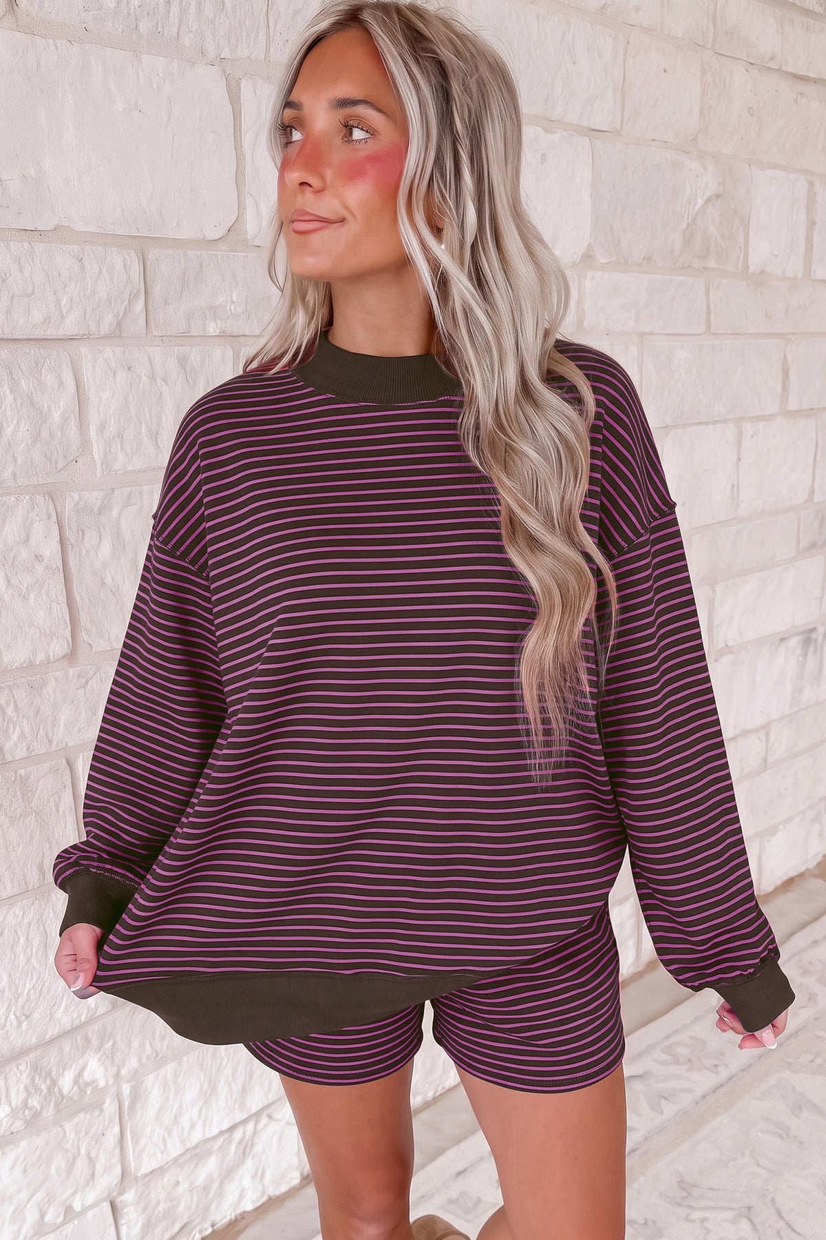 Stripe Ribbed  Mock Neck Baggy Pullover Shorts Set