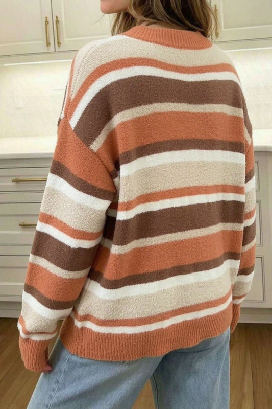 Orange and Mocha Stripe Dropped Shoulder Sweater