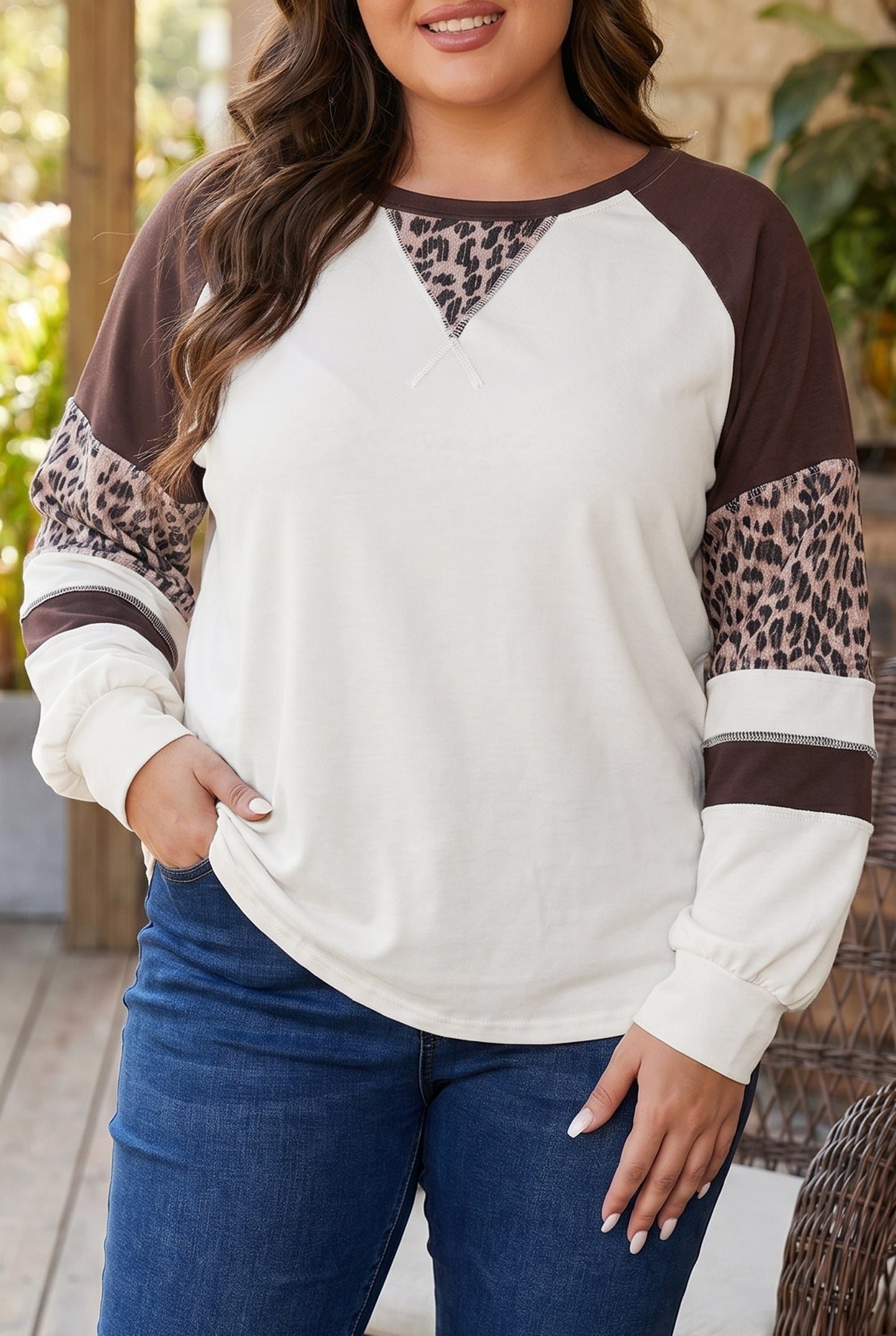 Beige Leopard Print Colorblock Blouse