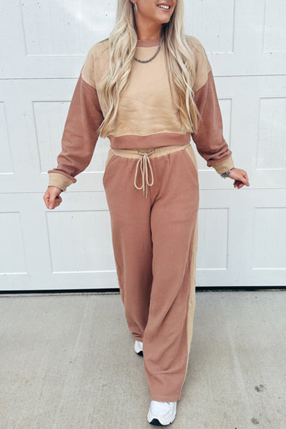 Khaki Color Block Long Sleeve Crop Top & Pant Set