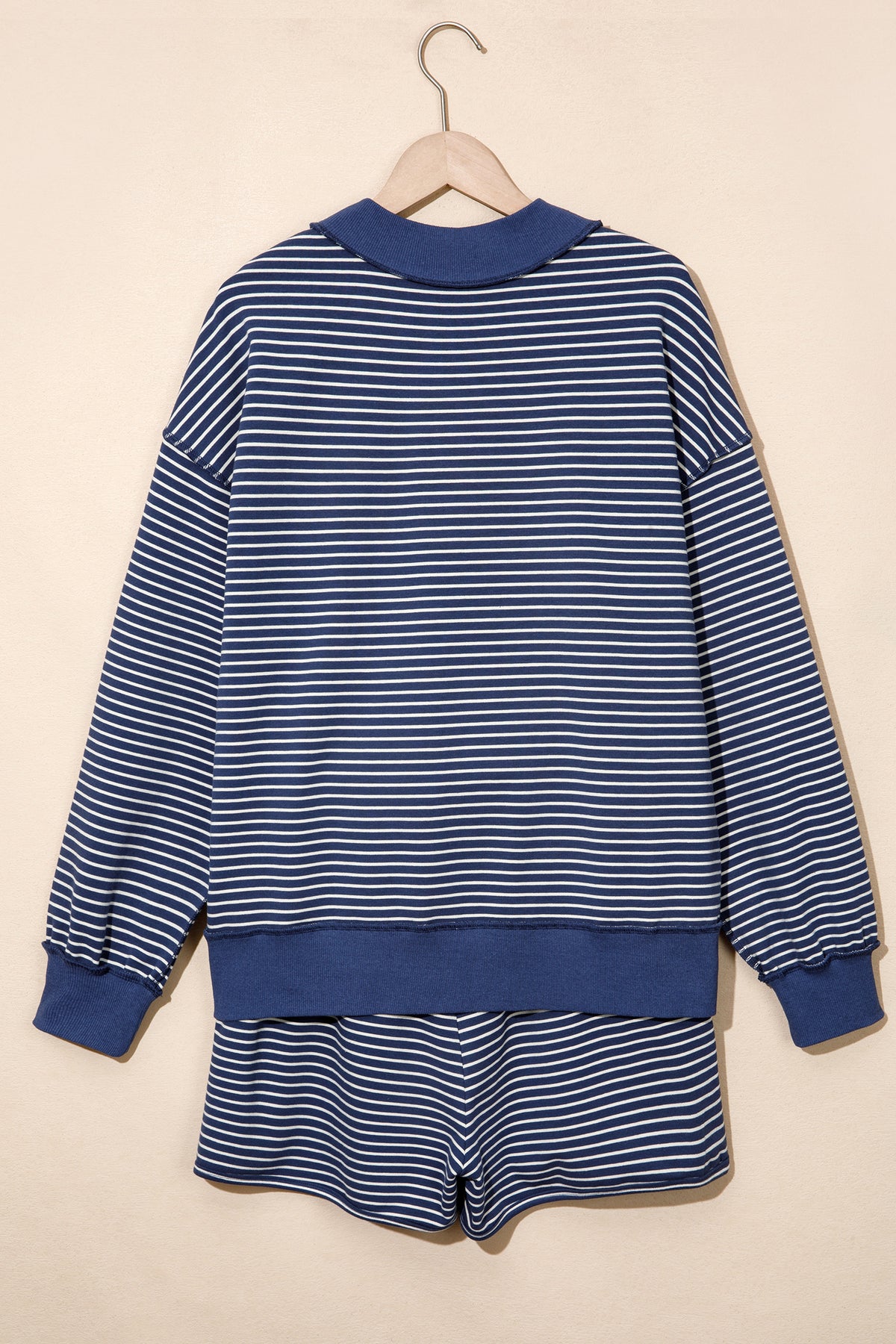 Stripe Ribbed  Mock Neck Baggy Pullover Shorts Set