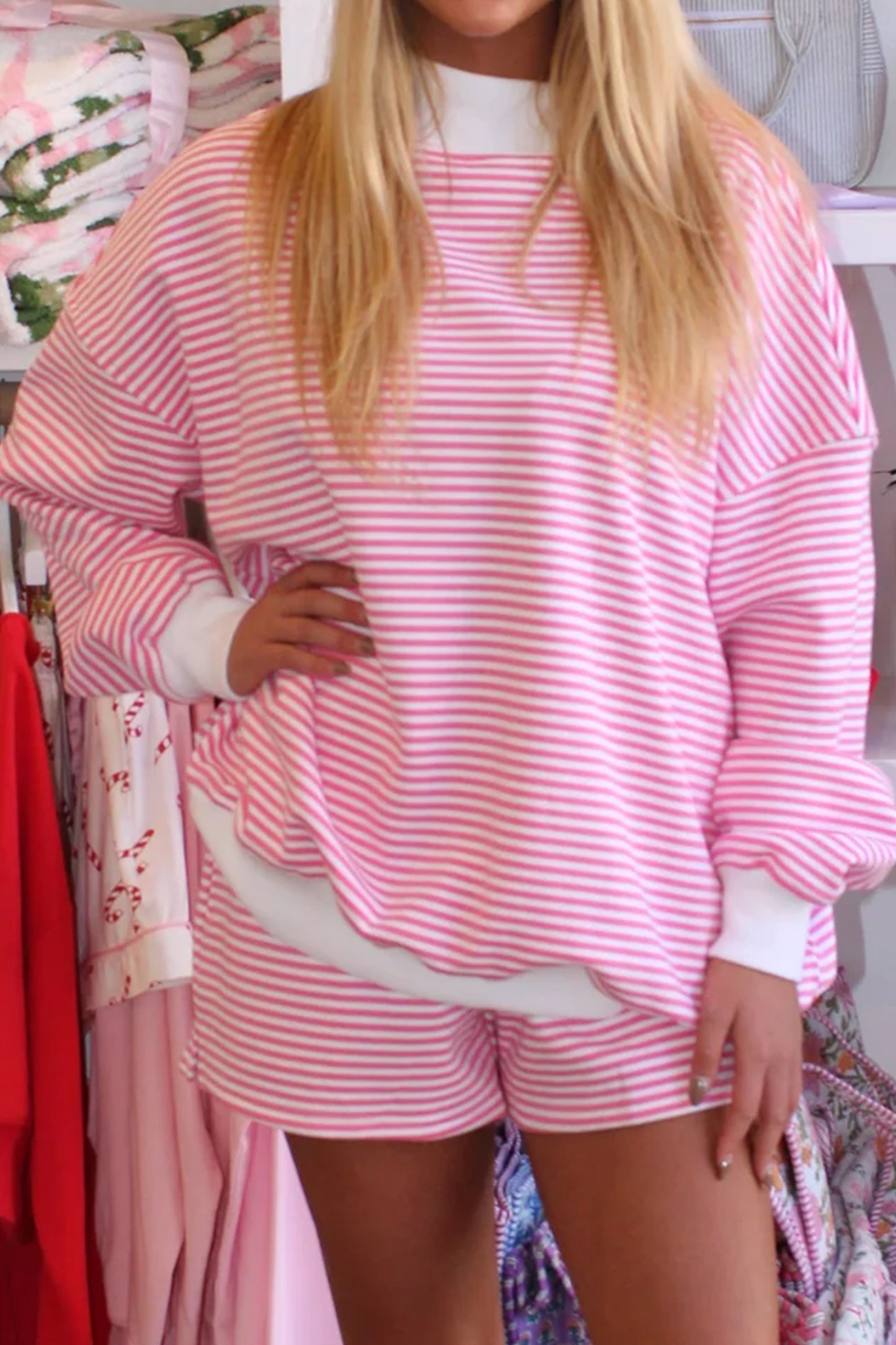 Red Stripe Oversize Mock Neck Sweatshirt & Shorts Set
