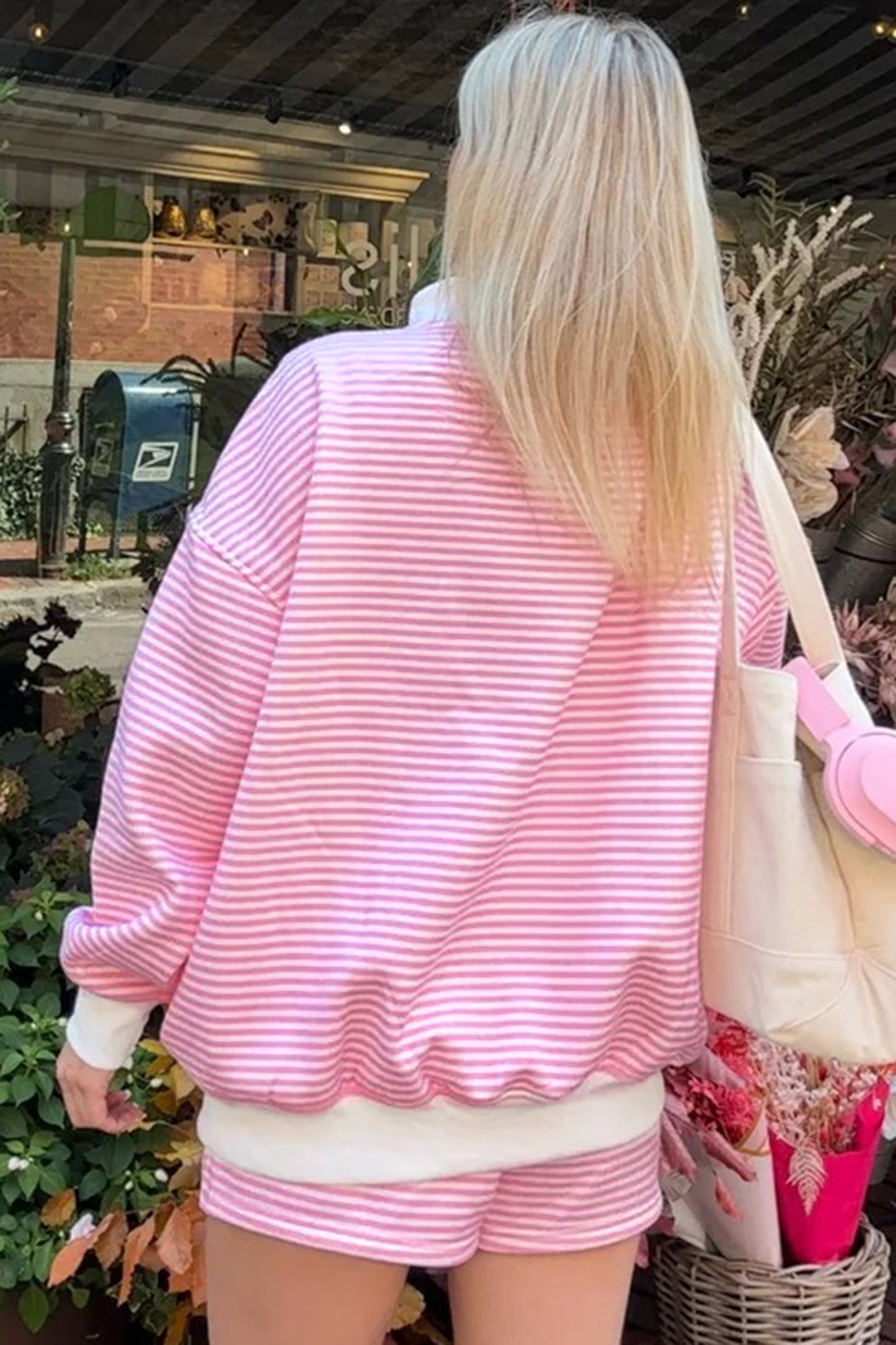 Red Stripe Oversize Mock Neck Sweatshirt & Shorts Set