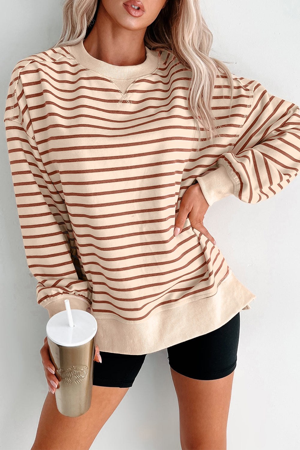 Cozy Khaki Striped Oversized Sweatshirt