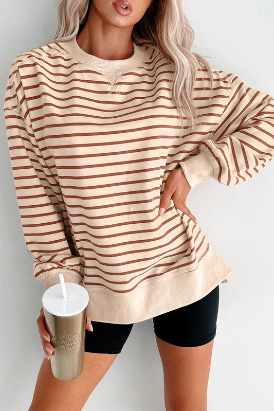 Cozy Khaki Striped Oversized Sweatshirt