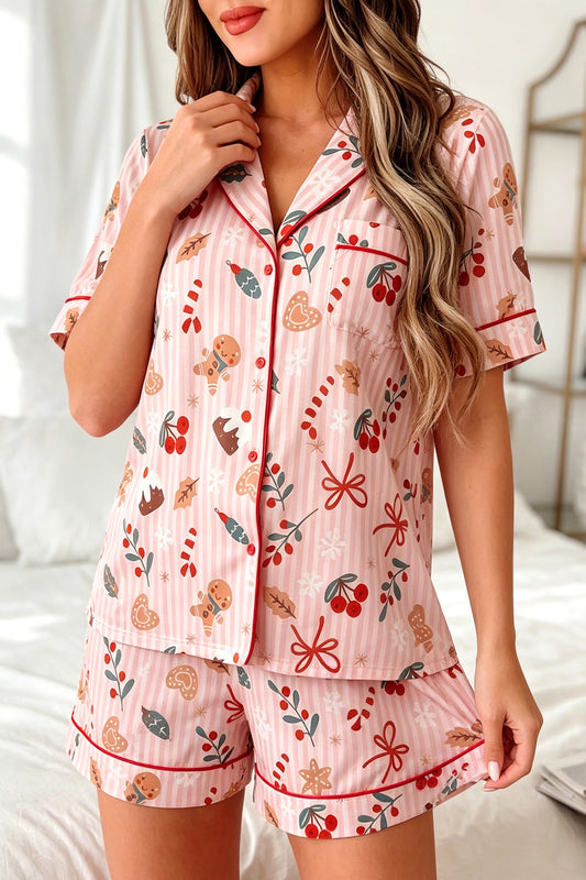 Pink Christmas Print Short Sleeve Two Piece Lounge Set